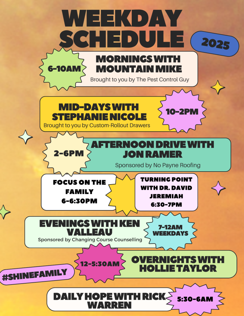 88.9 Shine FM Weekday Schedule Graphic